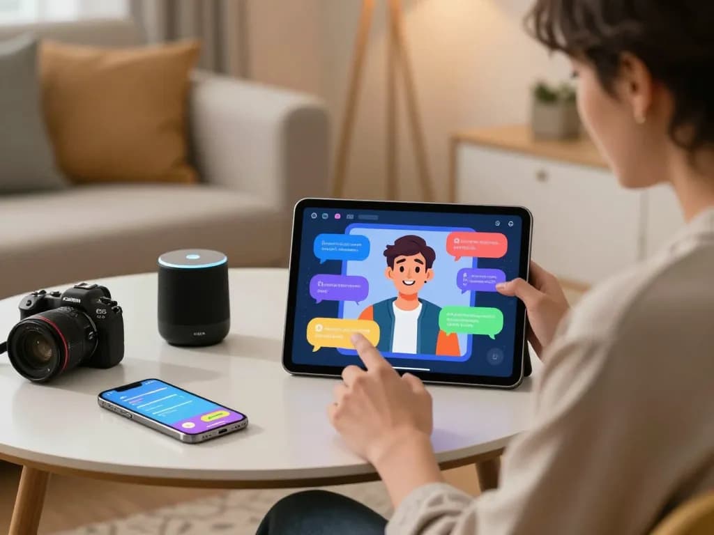 User interacting with customizable crushon AI character on a sleek tablet in a cozy living room.