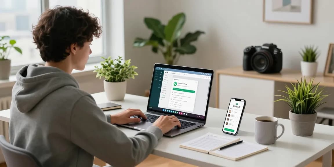 Using WhatsApp電腦版 on a laptop in a modern home office setup with vibrant indoor plants