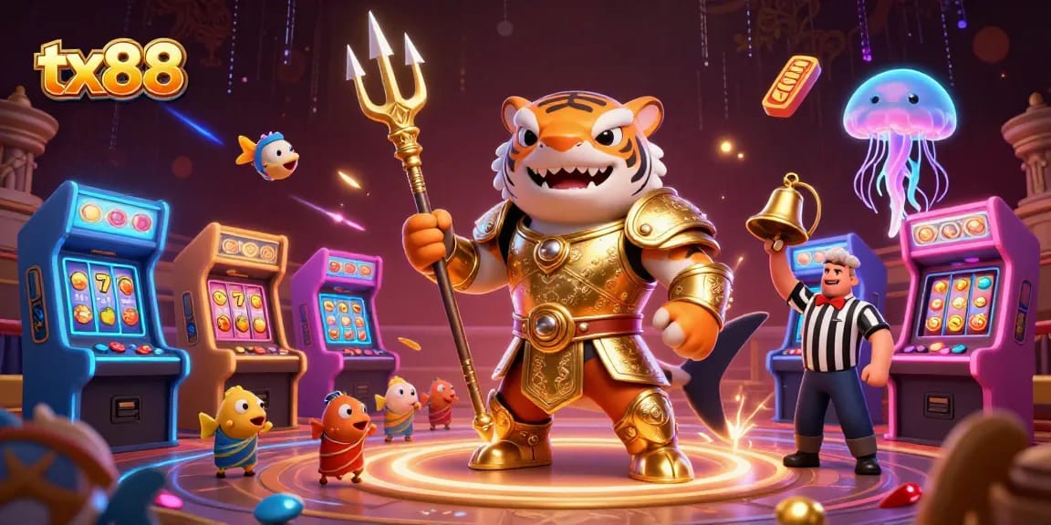 Experience thrilling tx88 casino action with a fierce tiger shark and vibrant game elements.