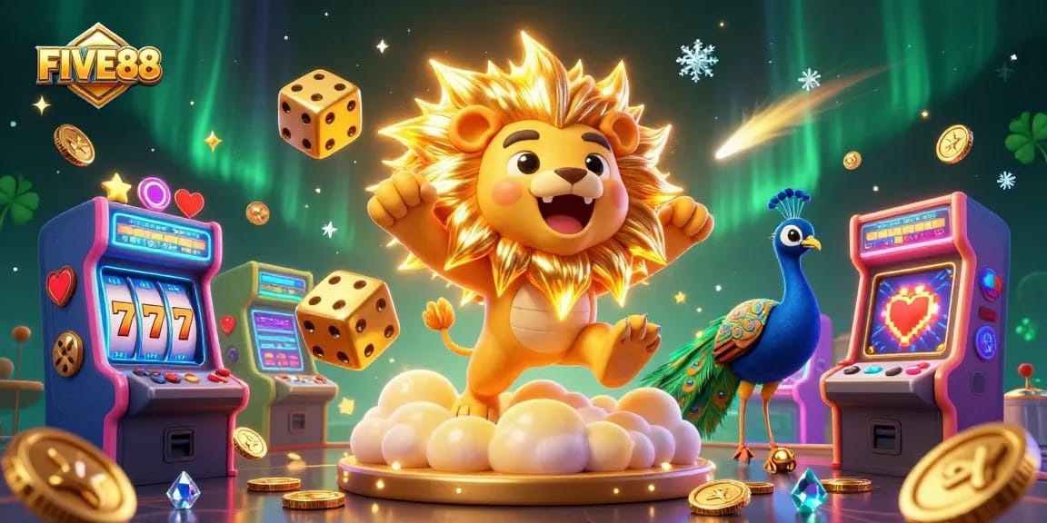 Experience thrilling gameplay with FIVE88's vibrant casino scene featuring iconic elements.
