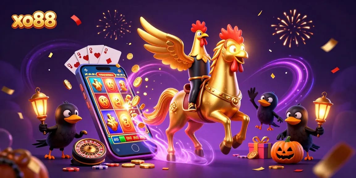 Experience the thrilling xo88 casino atmosphere with a golden rooster and mystical companions amid vibrant games.