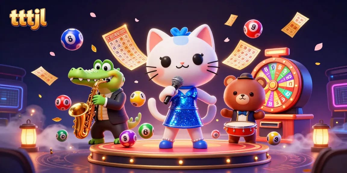 Exciting scene featuring tttjl's vibrant casino characters celebrating with lottery elements.