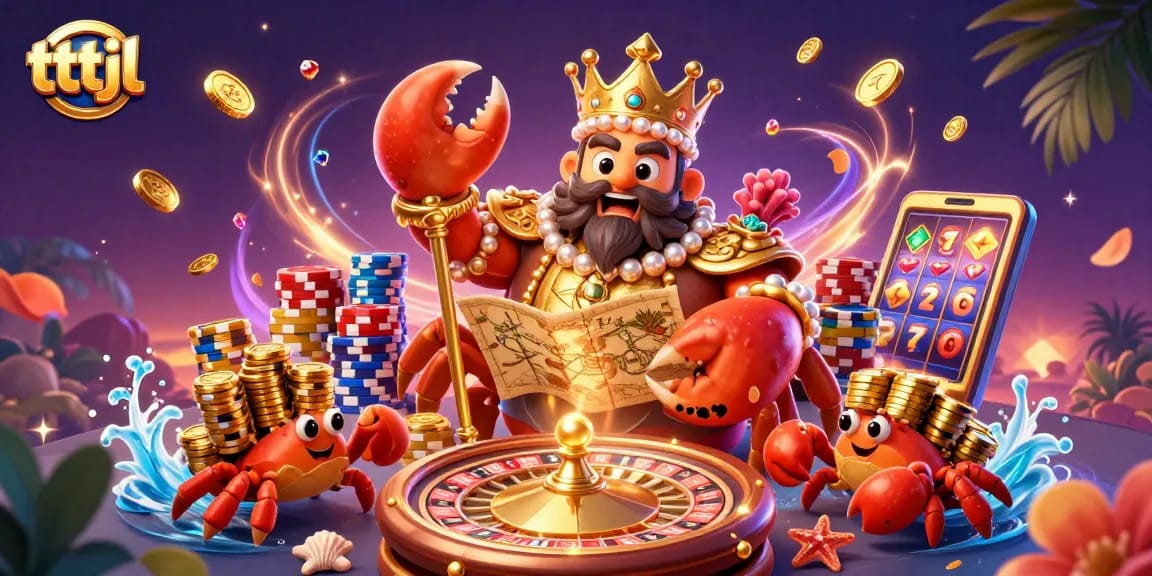 tttjl showcases a golden crab emperor engaging players with vibrant casino elements for a thrilling experience