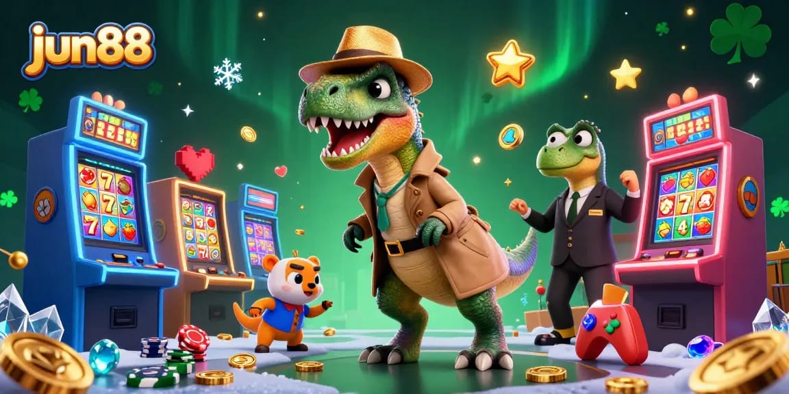 Experience the excitement of jun88 with a velociraptor card counter at the slot machine surrounded by adventure.