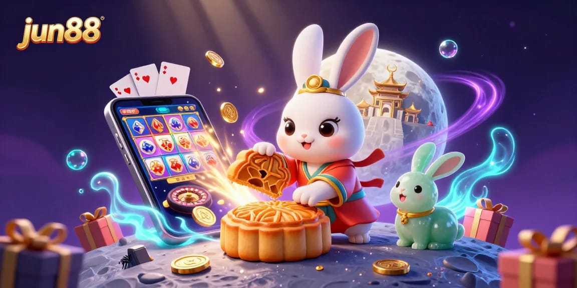 Play engaging games at jun88 with a vibrant 3D moon rabbit illustration, showcasing casino excitement.
