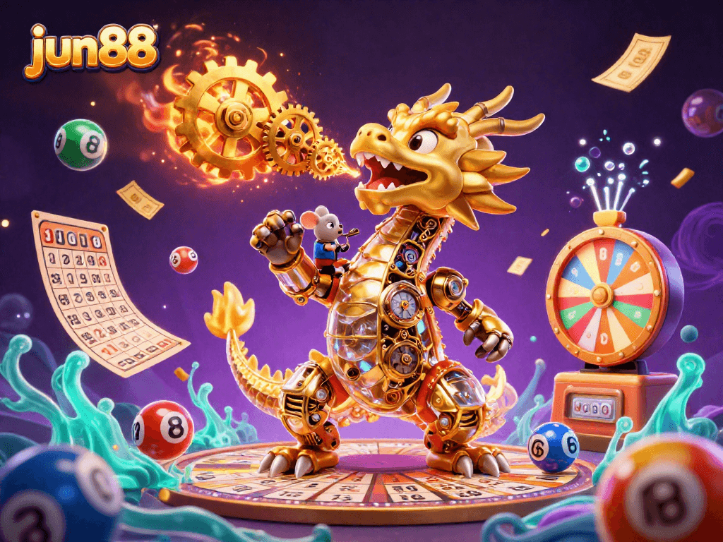 Experience adventure with the engaging jun88 dragon as golden gears, colorful lottery balls, and dynamic prizes intertwine.