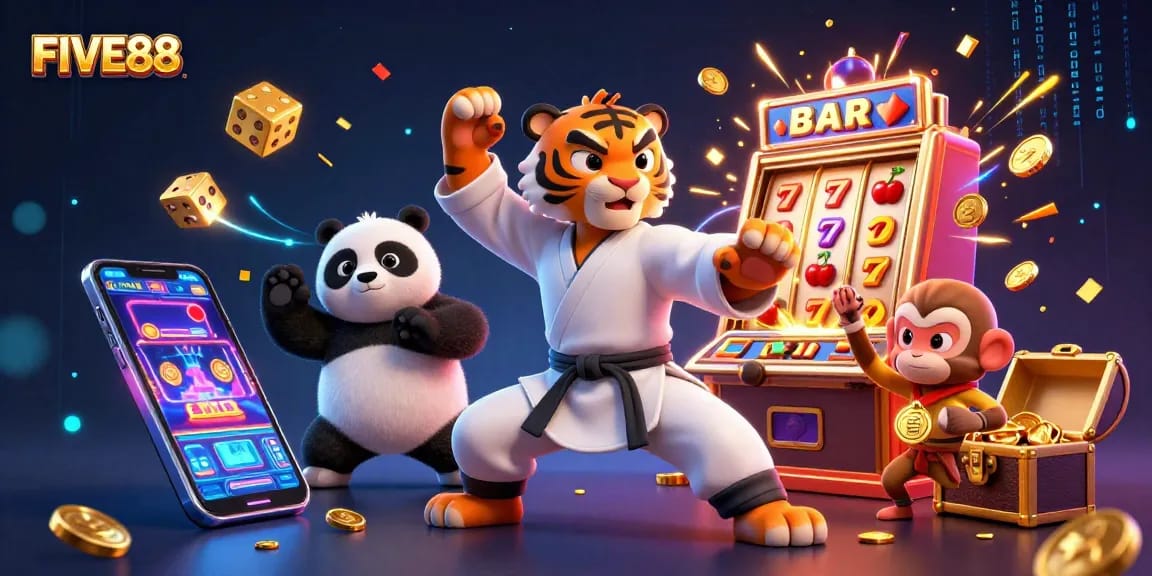 FIVE88 showcases a vibrant 3D illustration with a casino scene featuring a kung fu tiger and playful characters.