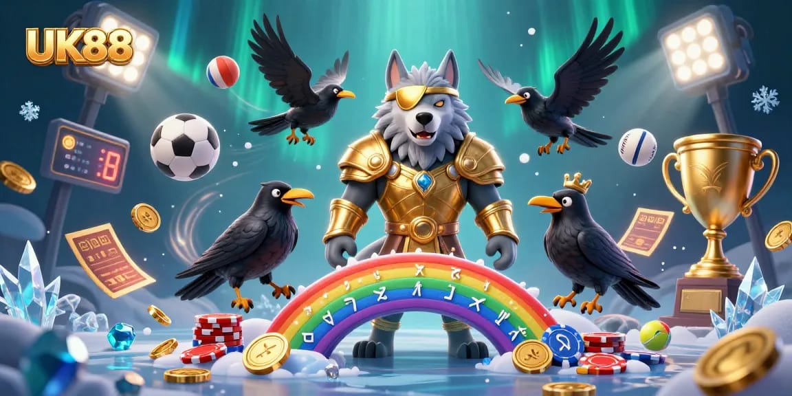 Bet on UK88 with Norse mythology-inspired characters amidst dynamic sports elements and casino ambiance.