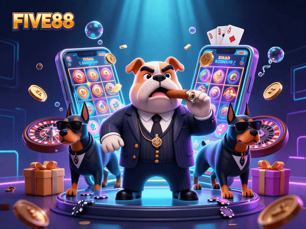 Experience the thrill of FIVE88 with this vibrant casino scene featuring a bulldog mob boss and dynamic gaming elements.