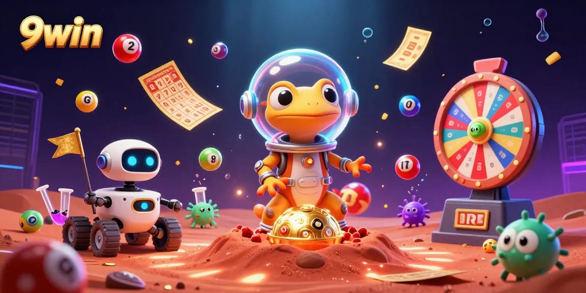 9win lottery adventure with Martian gecko exploring vibrant casino treasures