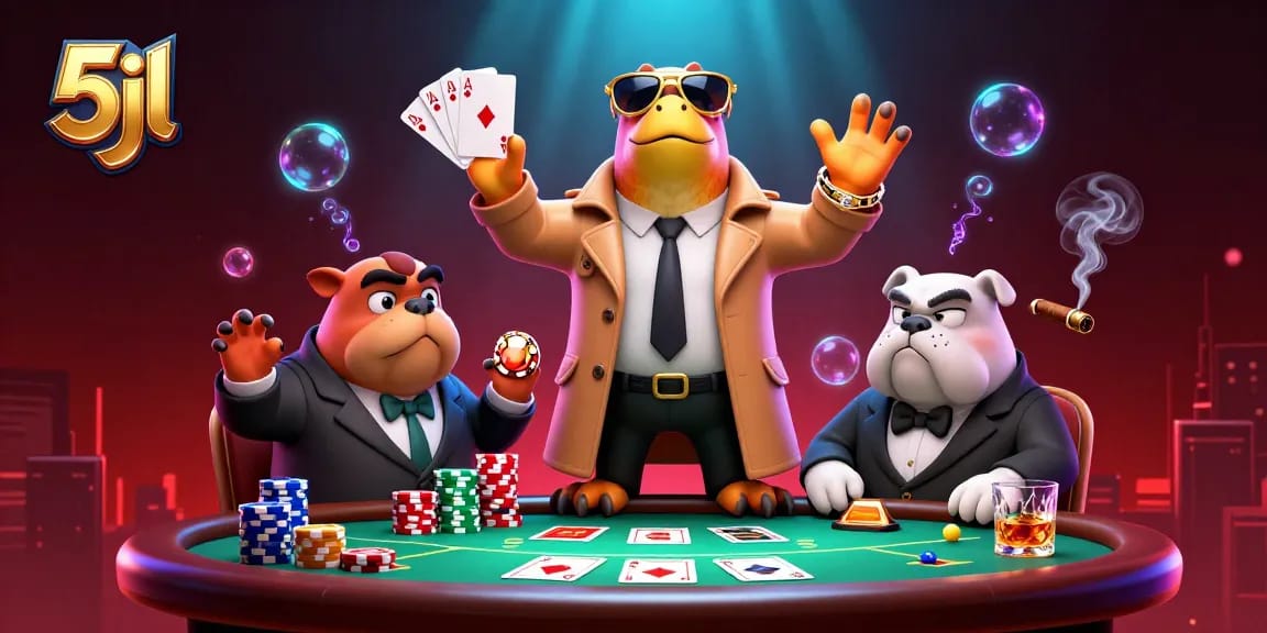 Engage with 5jl as raptors comically attempt VIP entry at a vibrant poker scene.
