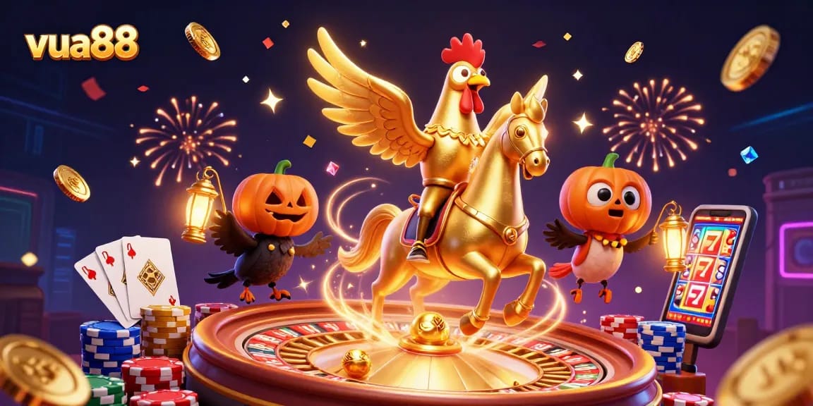Experience thrilling winnings at vua88 with a dazzling casino scene of vibrant characters and gaming elements.