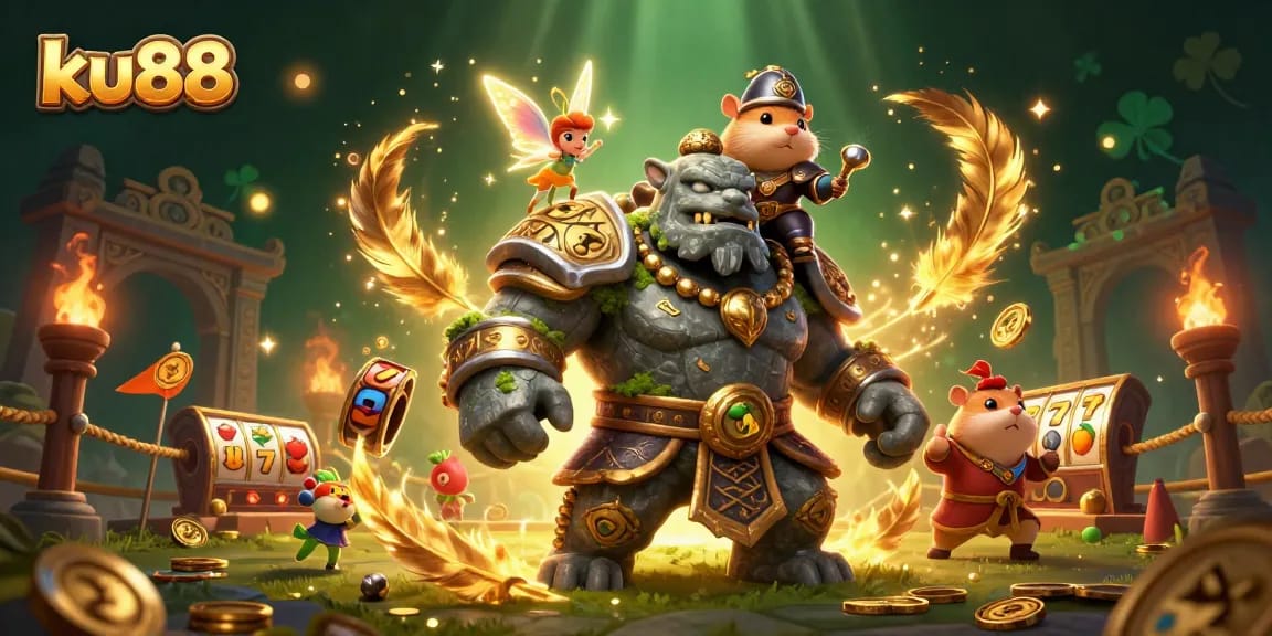 Engage in thrilling gaming adventures with ku88's vibrant 3D casino scene featuring fantasy characters.