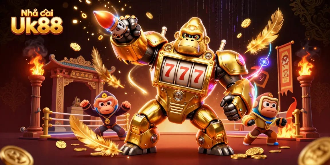 Engage with Nhà cái Uk88 through an exciting 3D casino scene featuring a golden gorilla mech