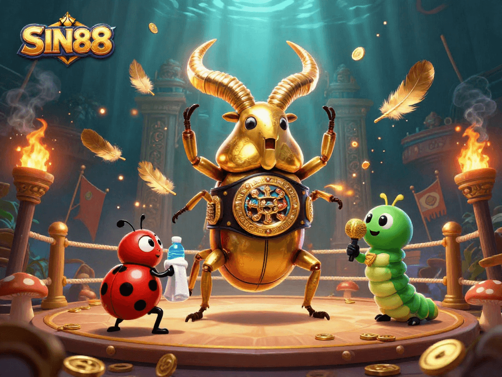 SIN88 highlights the vibrant casino atmosphere with the boxing beetle champion and engaging characters.