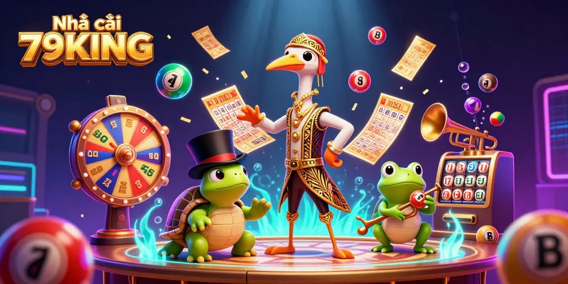 Engage in exciting lottery thrills with Nhà cái 79KING amidst colorful cascading balls and vibrant casino elements.