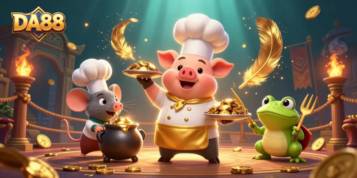 Experience DA88 with a lively scene of a pig chef and colorful casino elements