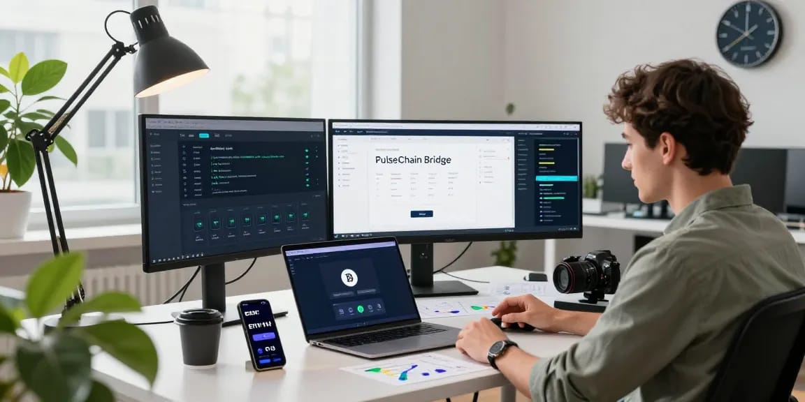 Seamless PulseChain Bridge transaction interface on multiple monitors at a tech workspace.