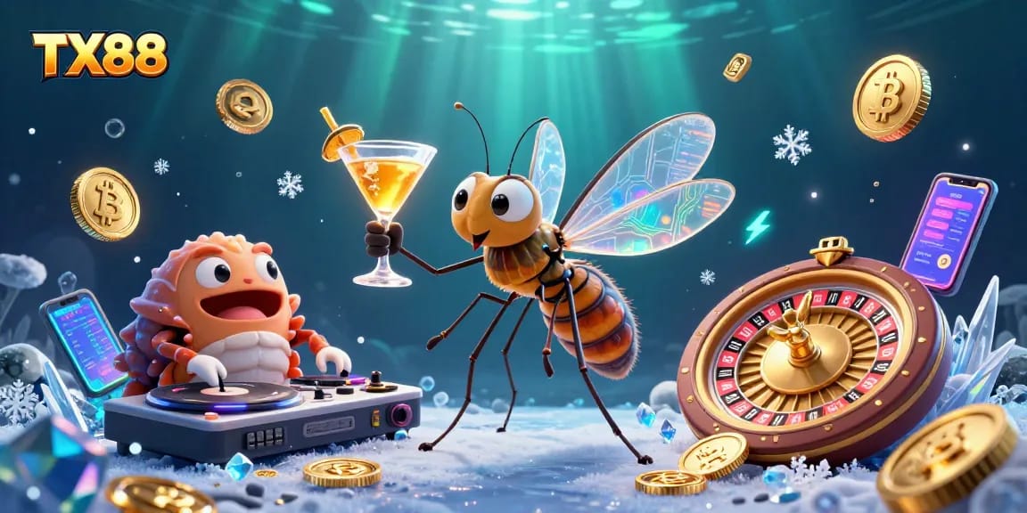 Experience TX88 excitement with a vibrant 3D casino scene featuring unique characters and crypto elements.