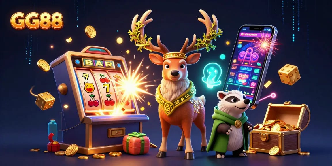 Experience the thrill of GG88 with a vibrant 3D casino scene showcasing slot machines and magical elements.