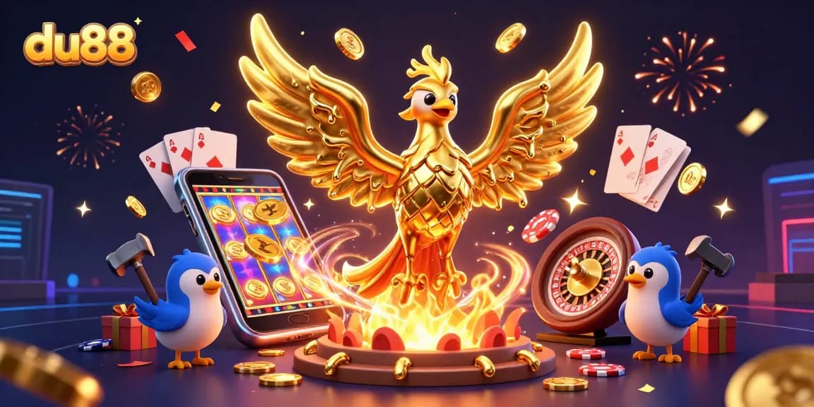 Engage with du88's vibrant casino world featuring a molten golden phoenix amidst celebrated gaming elements.