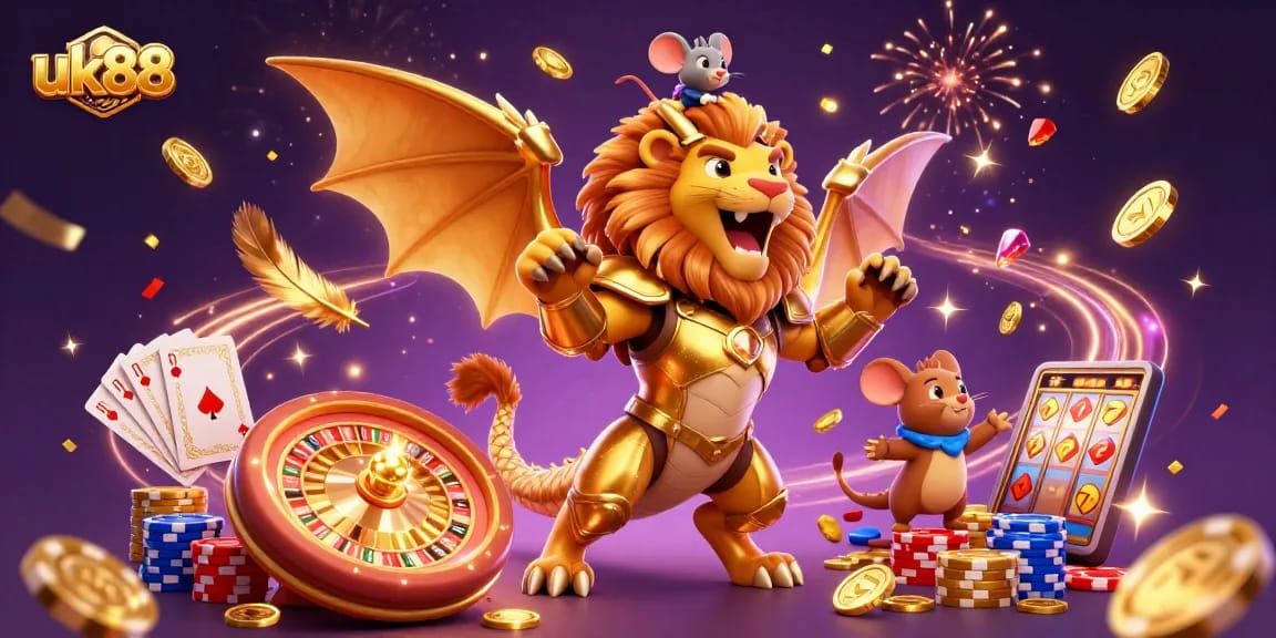 uk88 celebrates with a triumphant chimera and mouse jockey in a dynamic casino scene.