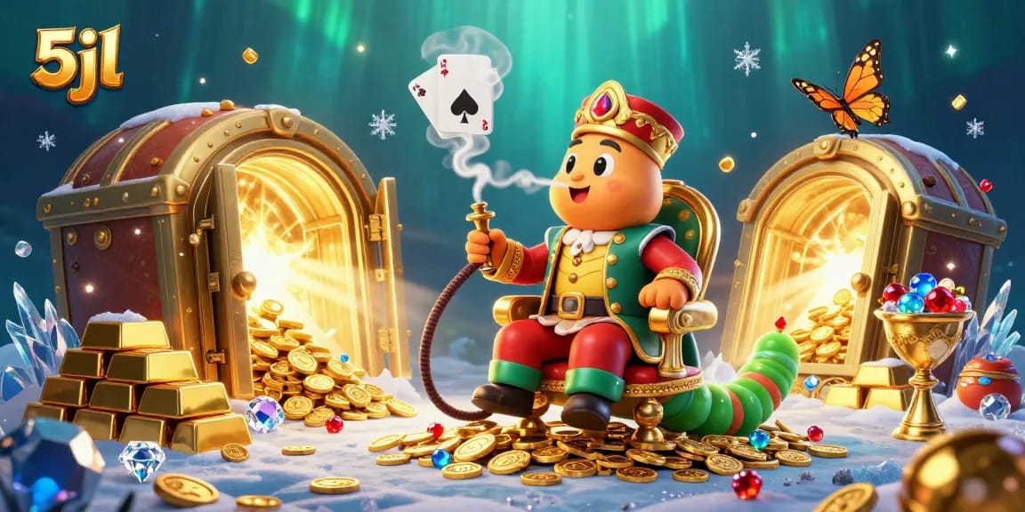 Immerse in 5jl's vibrant casino scene with a caterpillar master in a golden throne.