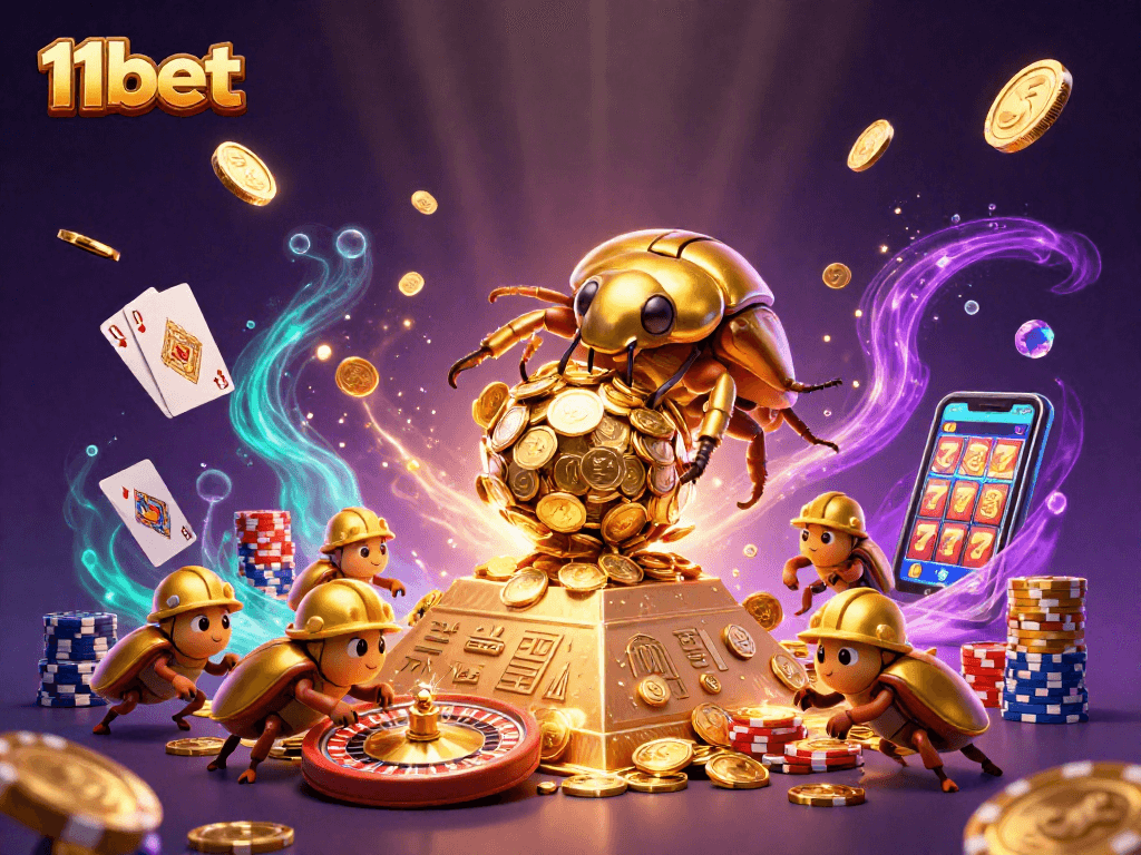 Experience thrilling action at 11bet with golden coins, colorful poker chips, and casino symbols.