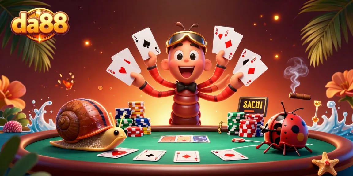 Enjoy thrilling gameplay at da88 with a vibrant 3D casino scene featuring diverse characters and exciting poker elements.