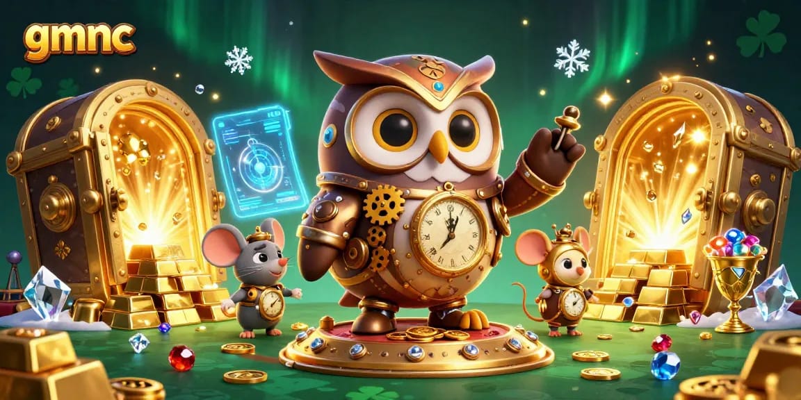 Engage in a thrilling gmnc scene with a steampunk owl, treasure, and casino elements.