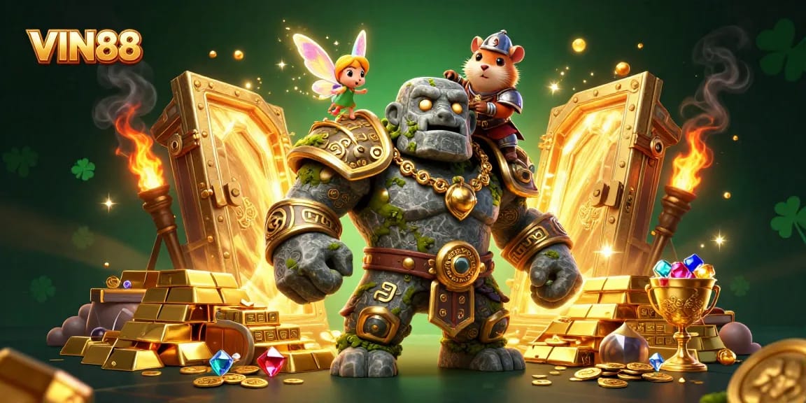 Experience VIN88's thrilling casino adventure with magical characters amidst golden treasures.