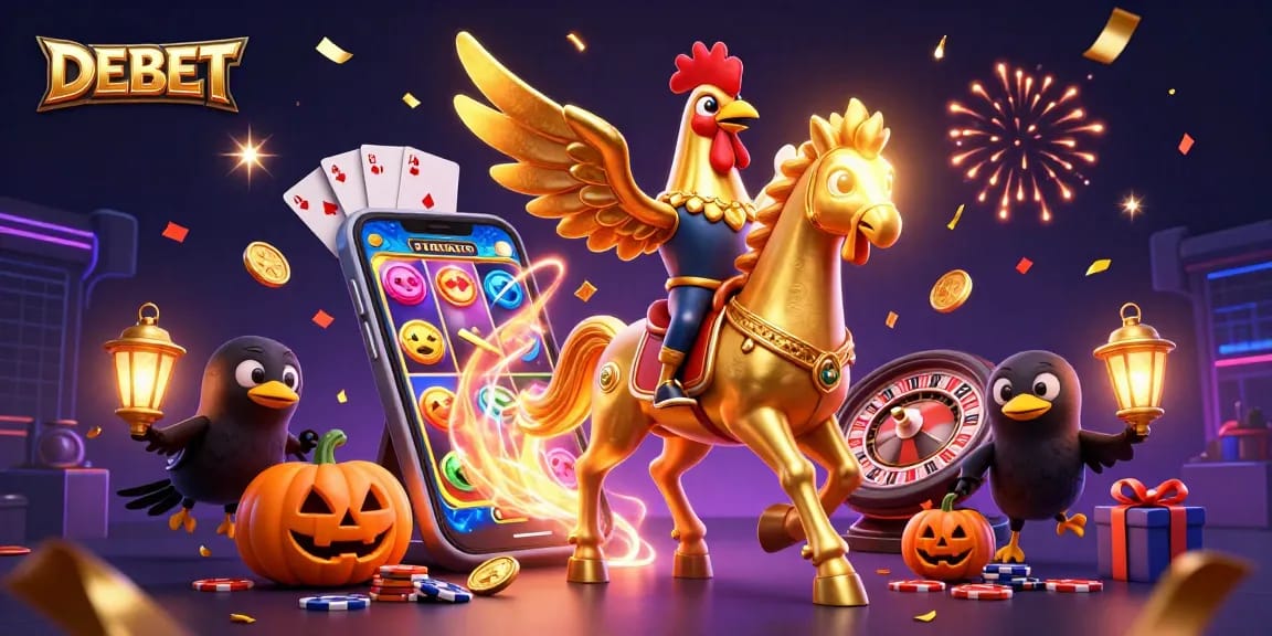Experience DEBET in action with a vibrant casino scene showcasing thrilling gaming elements and festive energy.