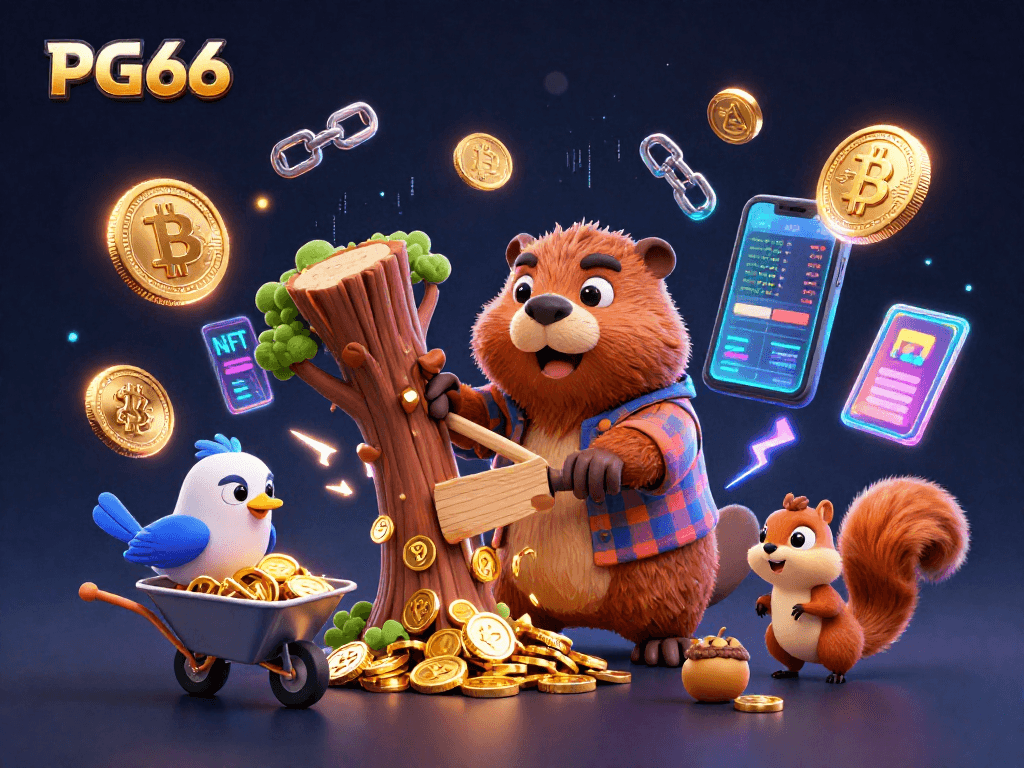 Experience the excitement of PG66 with this vibrant scene of animated characters earning rewards in a casino-like environment.