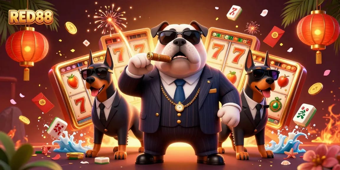 Experience thrilling slots at RED88 with a colorful 3D illustration featuring animated casino elements and characters.