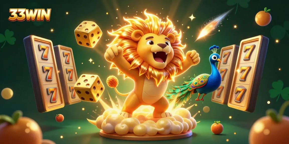 Kick off your winning journey at 33WIN with this vibrant jackpot scene, featuring slots and golden dice.