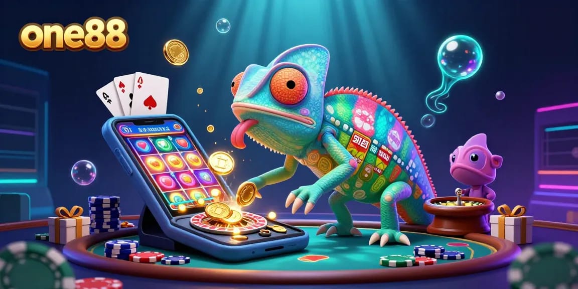 Experience thrilling gaming at one88 with a vibrant casino scene featuring a chameleon owner and dynamic games.