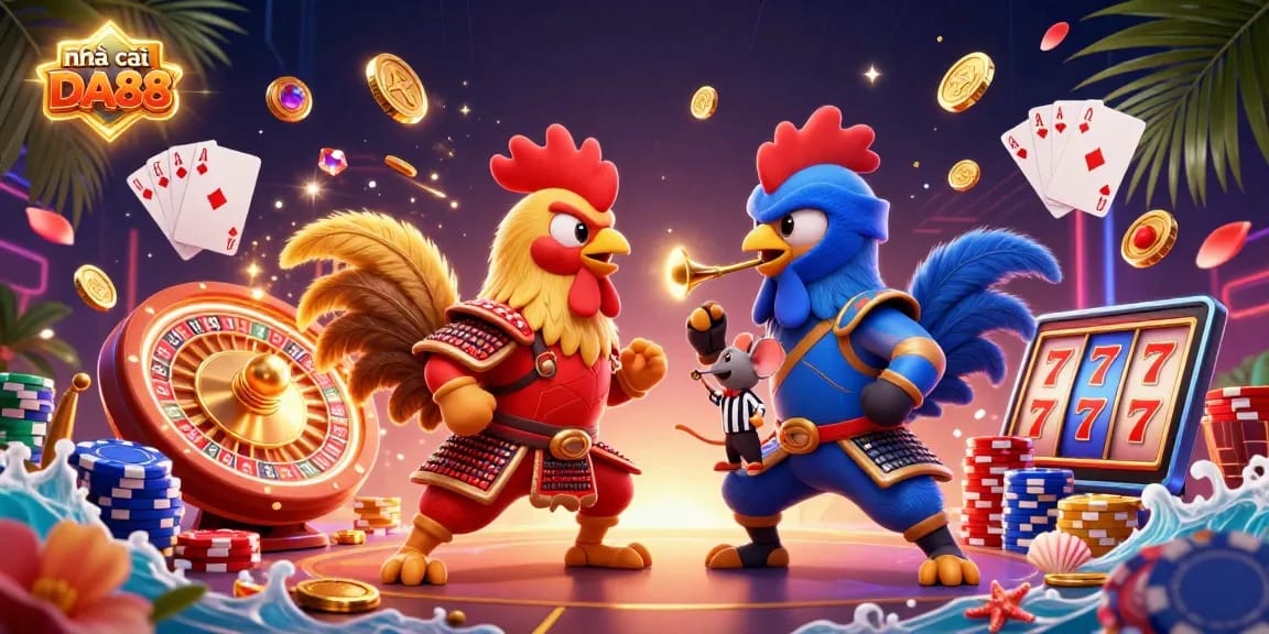 Experience the excitement of nhà cái DA88 with a dramatic cartoon illustration of fighting roosters amidst dazzling casino elements.