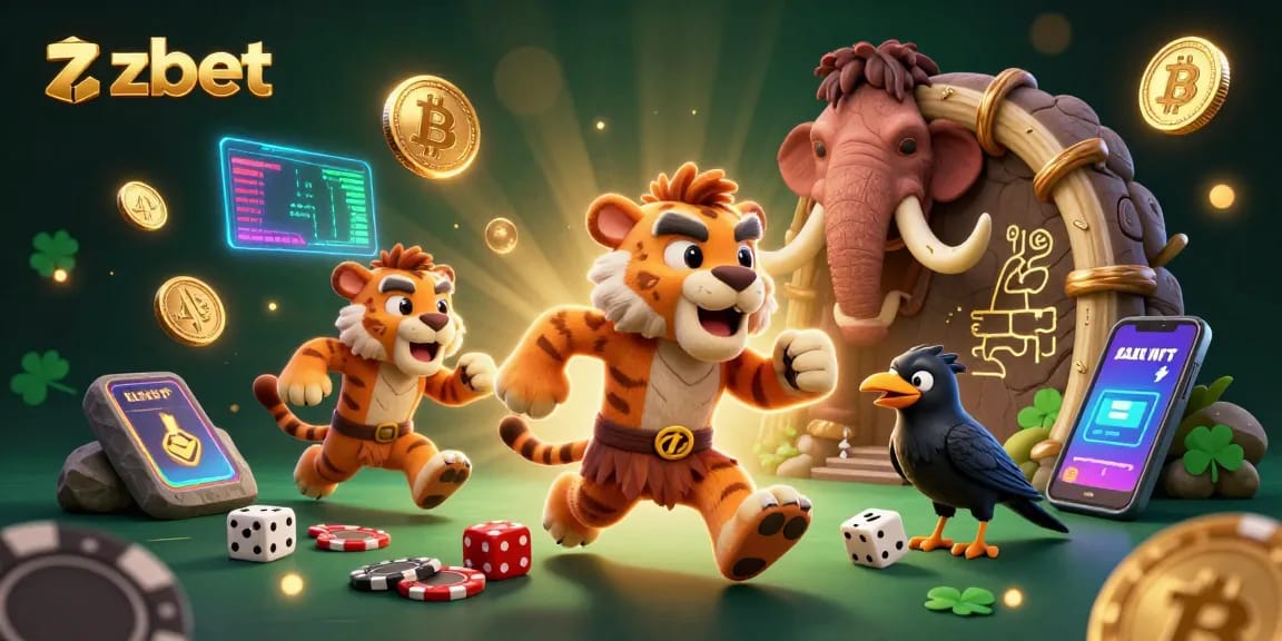 Engage with zbet at a vibrant prehistoric casino brimming with neon crypto elements.