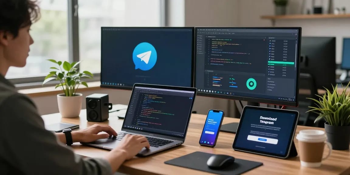 Download Telegram on multiple devices in a modern tech workspace.