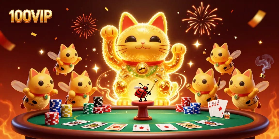 Experience the excitement of 100VIP with golden fireflies in a casino-themed illustration.