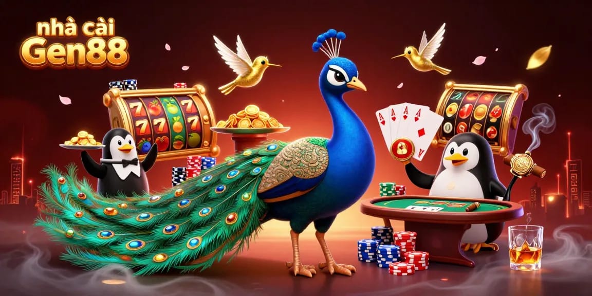 Experience the excitement of Nhà cái Gen88 with vibrant slot reels and a dazzling casino atmosphere.