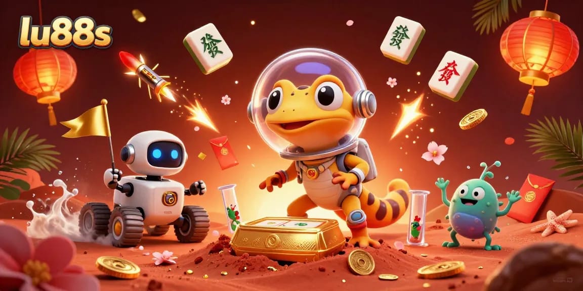 Experience the thrill of lu88s as the Martian gecko stumbles upon a golden casino, celebrating with cosmic creatures.