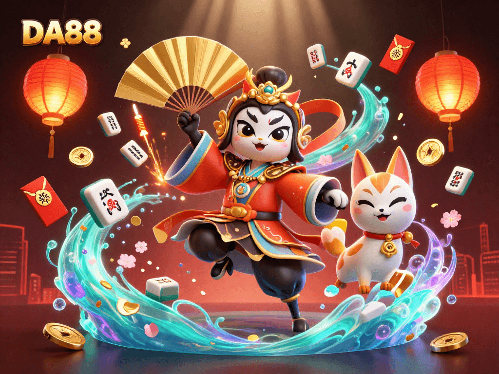 Experience the thrill of DA88 with a dynamic scene featuring an engaging kabuki warrior and festive elements in a lively casino atmosphere.