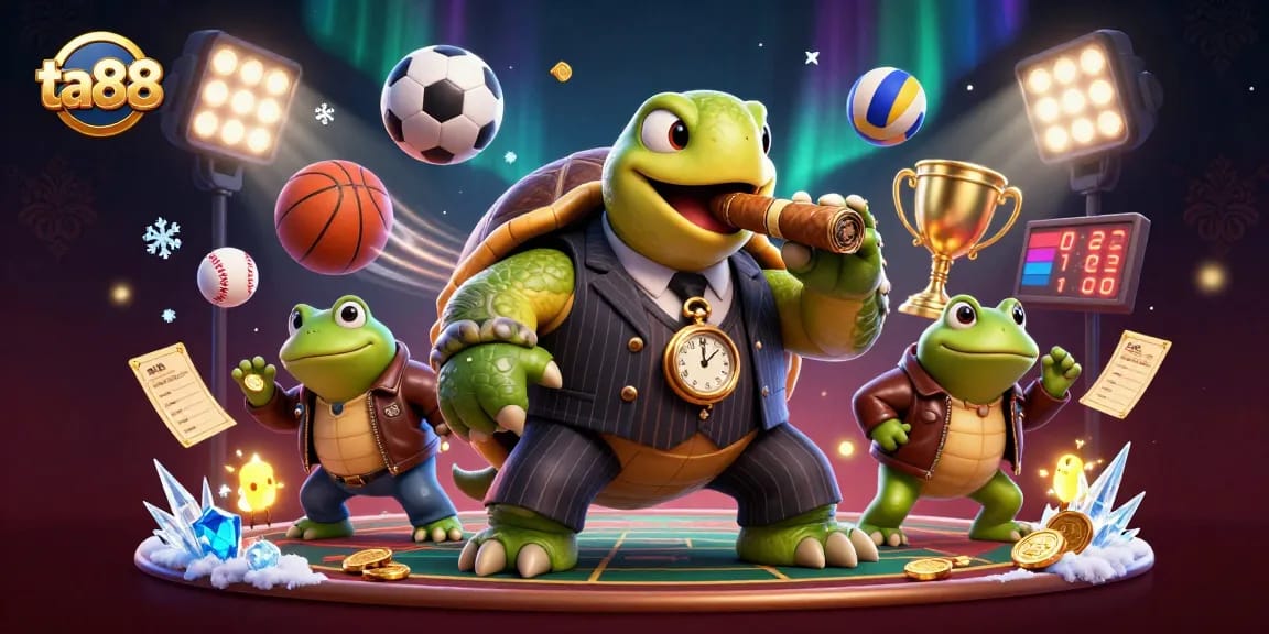 Bet on sports action with ta88 featuring a snapping turtle and bullfrogs in a dynamic casino scene