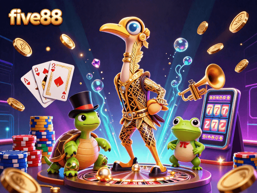 Experience thrilling slots and casino games at five88, with colorful chips and vibrant characters.