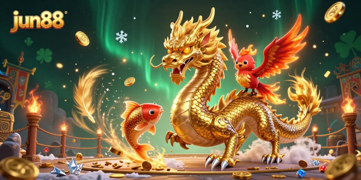 Experience thrilling bets and rewards at jun88 with dynamic scenes of a powerful dragon and phoenix.