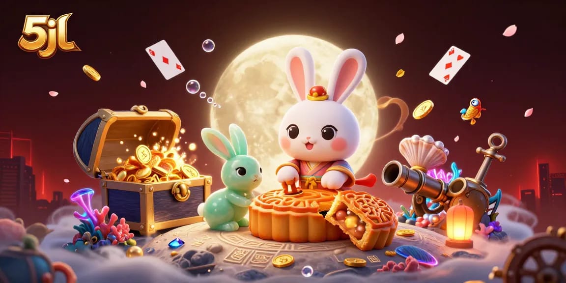 Engage with the exciting 5jl gaming world, featuring a lunar rabbit crafting mooncakes and poker chips.