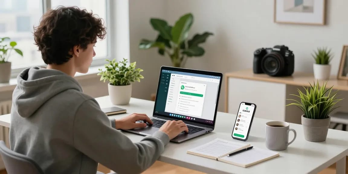 Using WhatsApp電腦版 on a laptop in a modern home office setup with vibrant indoor plants