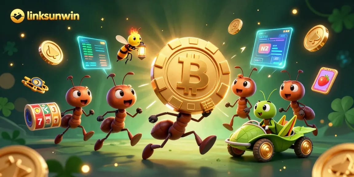 Explore the dynamic heist scene featuring ants with a massive poker chip, highlighted with linksunwin branding.