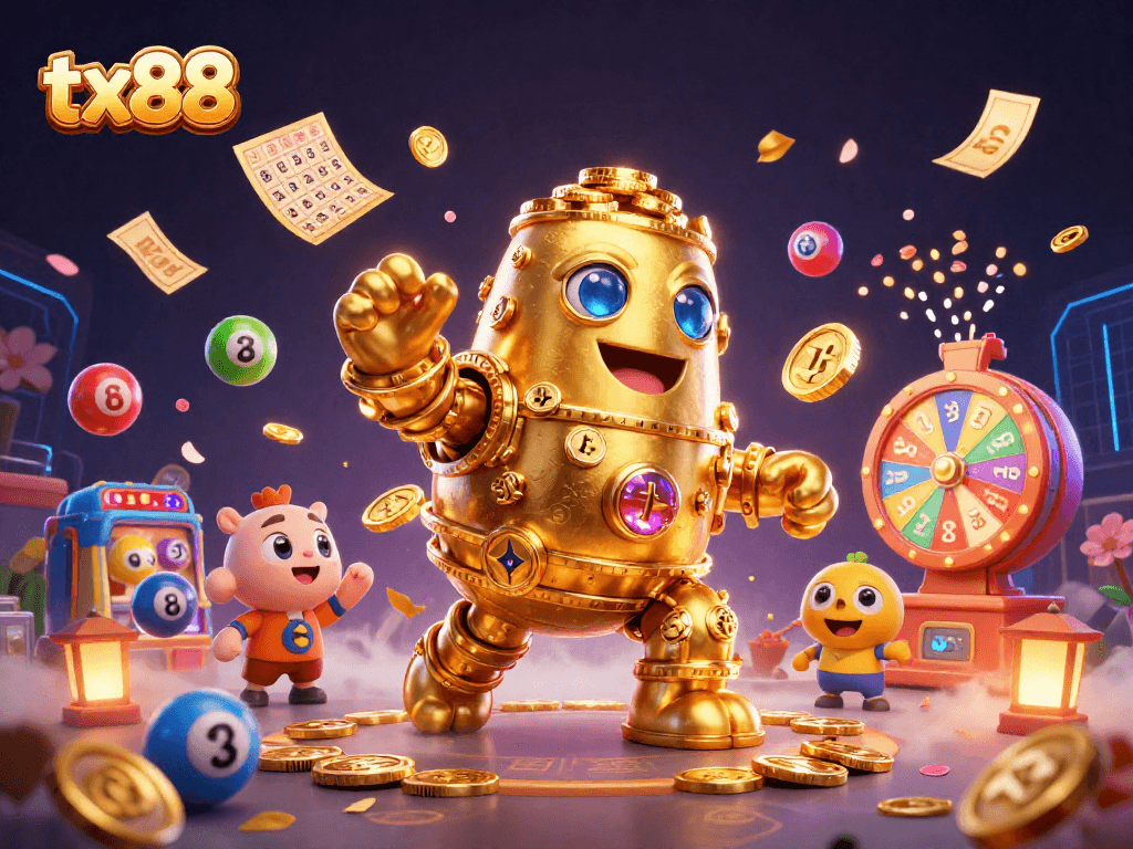 Engage with iconic tx88 features: golden golem, bouncing lottery balls, and vibrant casino elements.